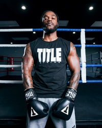 variant:Black/White::TITLE Boxing Iconic Block Muscle Tee man posing in tee