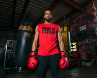 variant:Red/Black::TITLE Boxing Iconic Block Muscle Tee man posing in tee