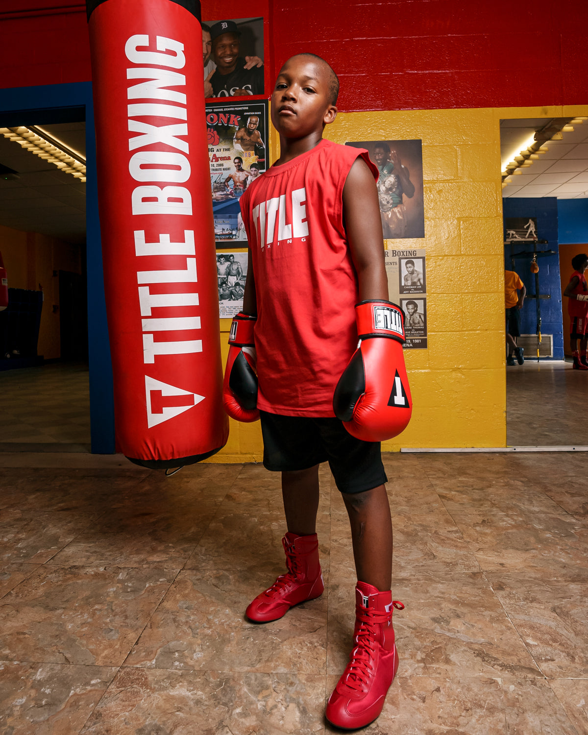 variant:Red/White::TITLE Boxing Iconic Block Muscle Tee boy posing in tee
