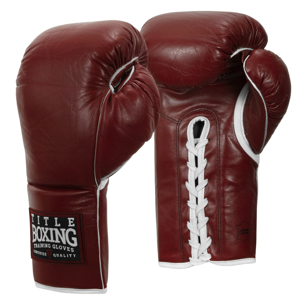 variant:maroon::TITLE Boxing Old School Leather Lace-Up Sparring Gloves side view