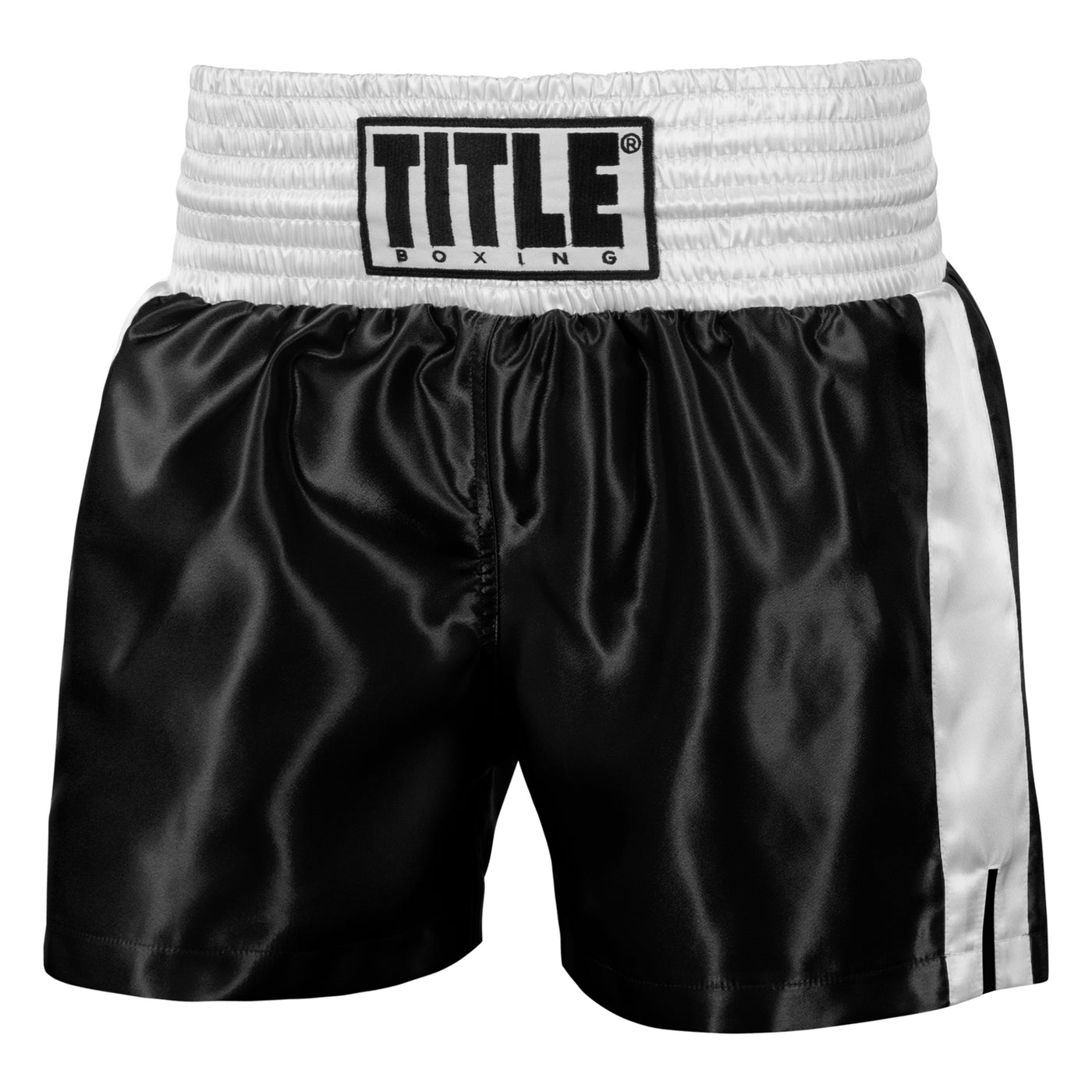 color:black/white::TITLE Boxing Professional Women’s Satin Striped Boxing Trunks main view