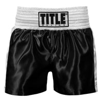 variant:black/white::TITLE Boxing Professional Women’s Satin Striped Boxing Trunks front view