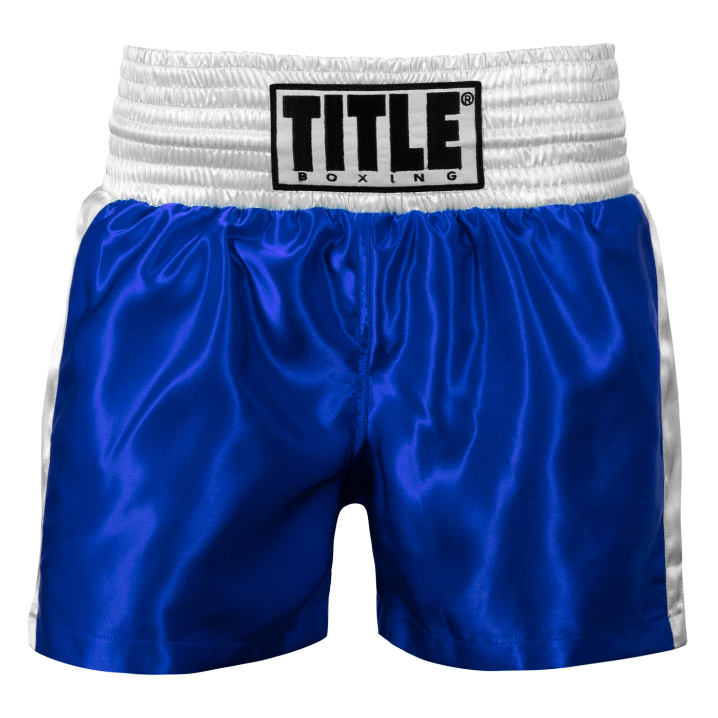 variant:blue/white::TITLE Boxing Professional Women’s Satin Striped Boxing Trunks front view