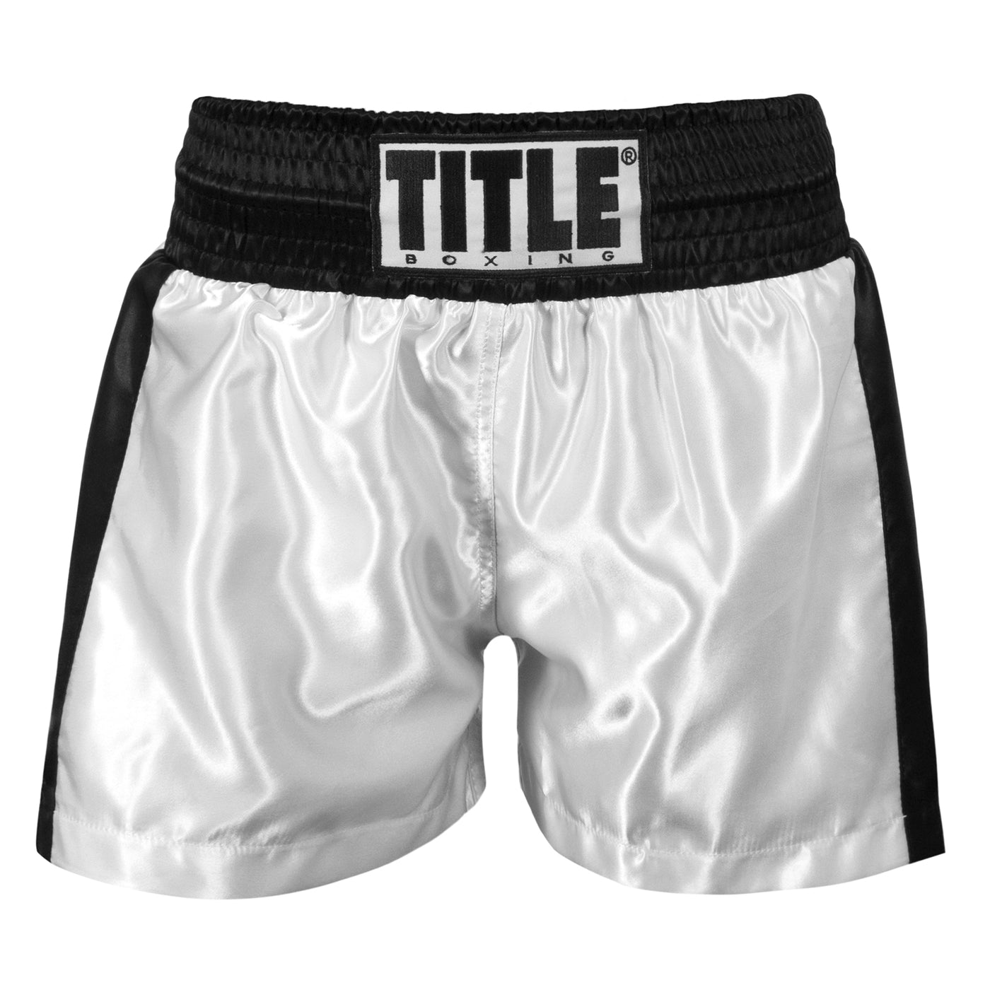 variant:white/black::TITLE Boxing Professional Women’s Satin Striped Boxing Trunks front view