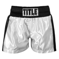 variant:white/black::TITLE Boxing Professional Women’s Satin Striped Boxing Trunks front view