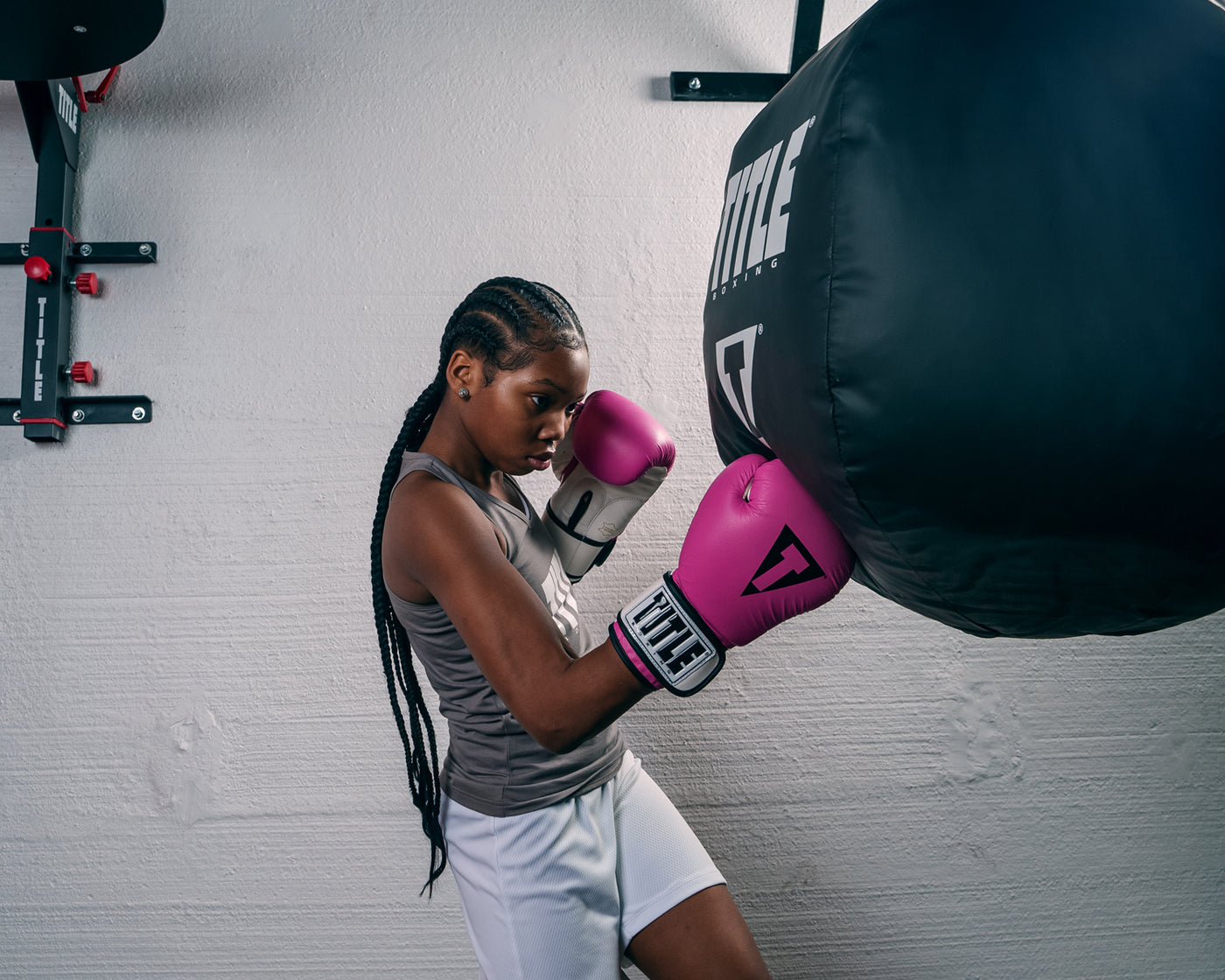 variant:Hot Pink/White::TITLE Premier Leather Super Bag Gloves 2.0 girl punching bag