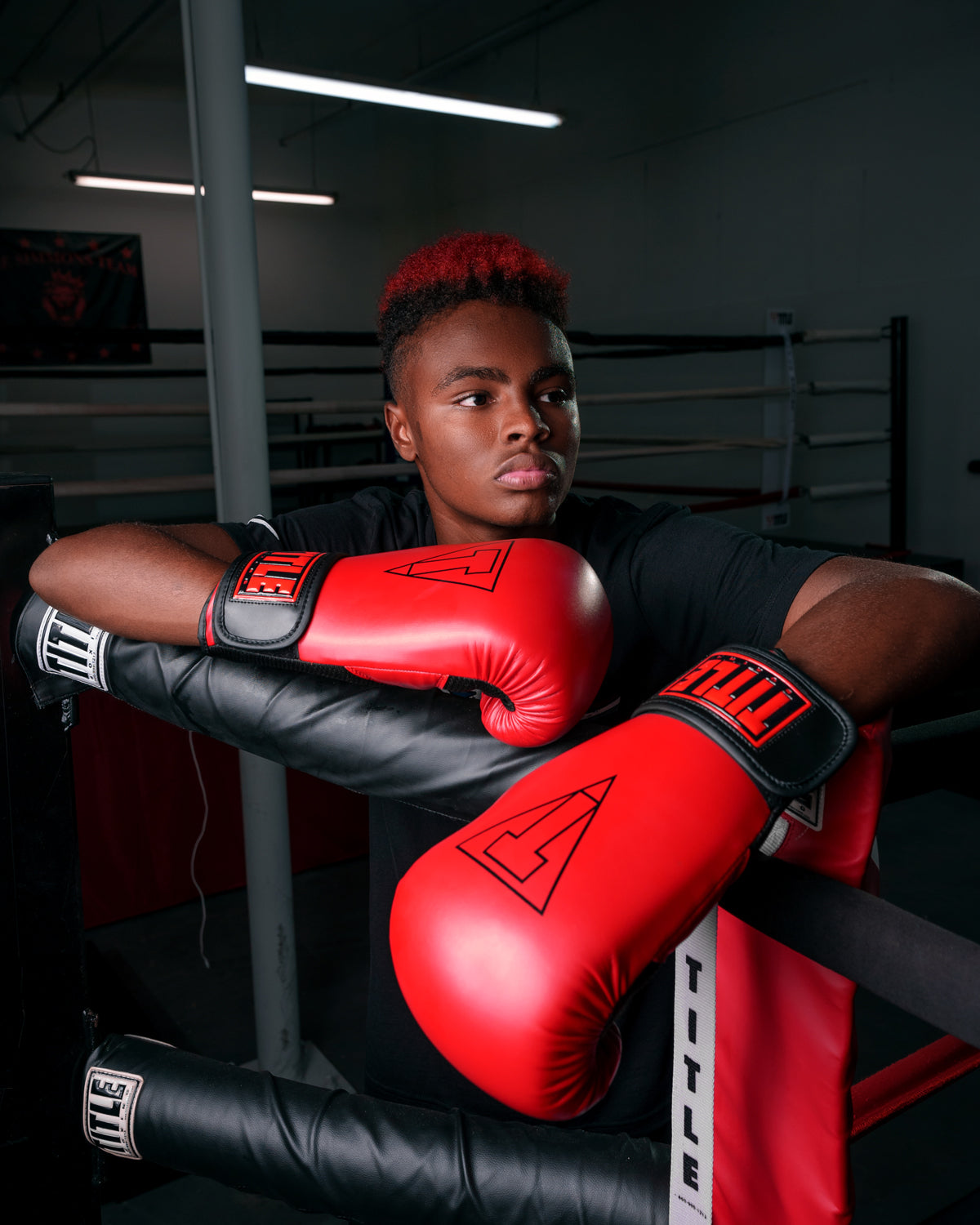 variant:Red/Black::TITLE Boxing Vegan Fitness Bag Gloves boy wearing gloves