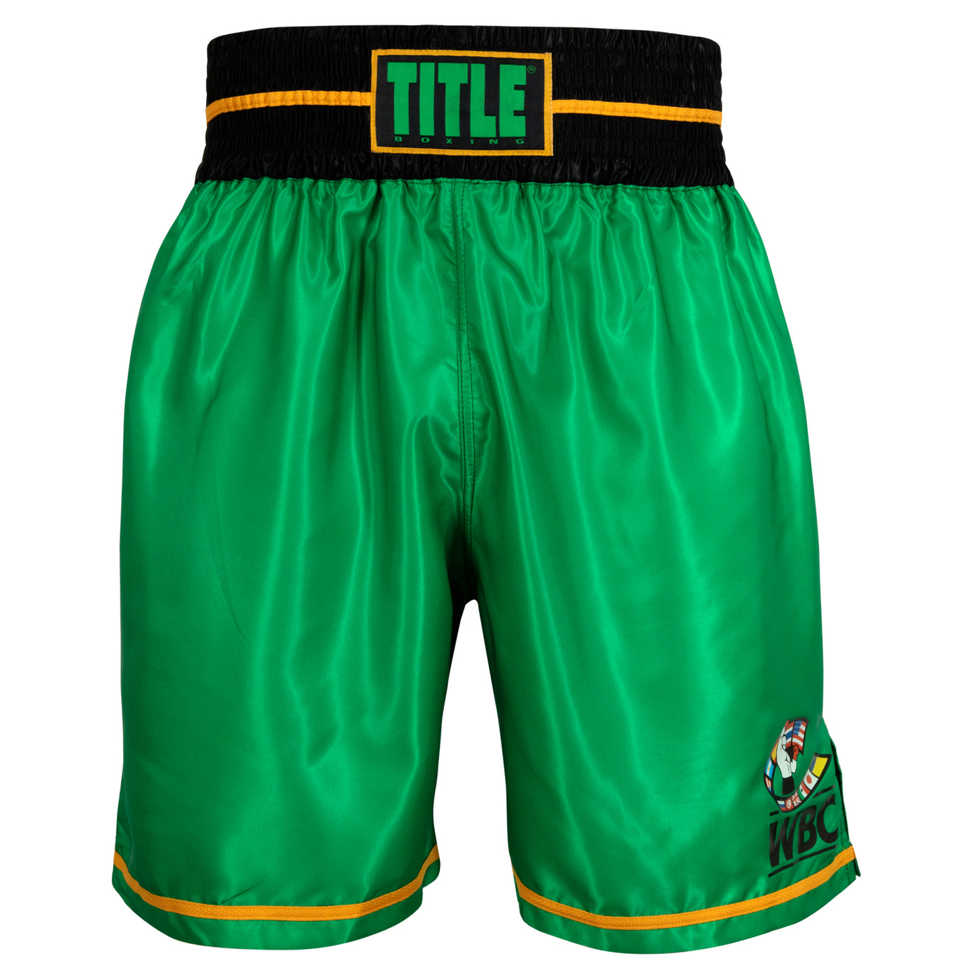 variant:Green/Black::WBC by TITLE Boxing Professional Boxing Trunks front view