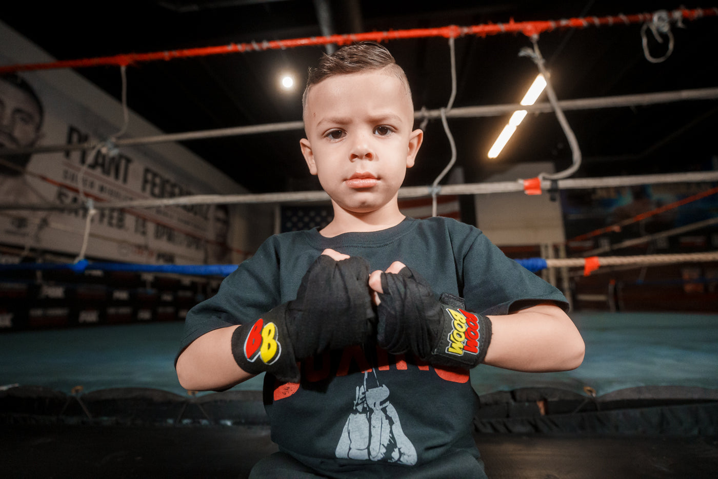 variant:Black::BOOM BOOM Boxing Youth Flex Hand Wraps kid hands together 
