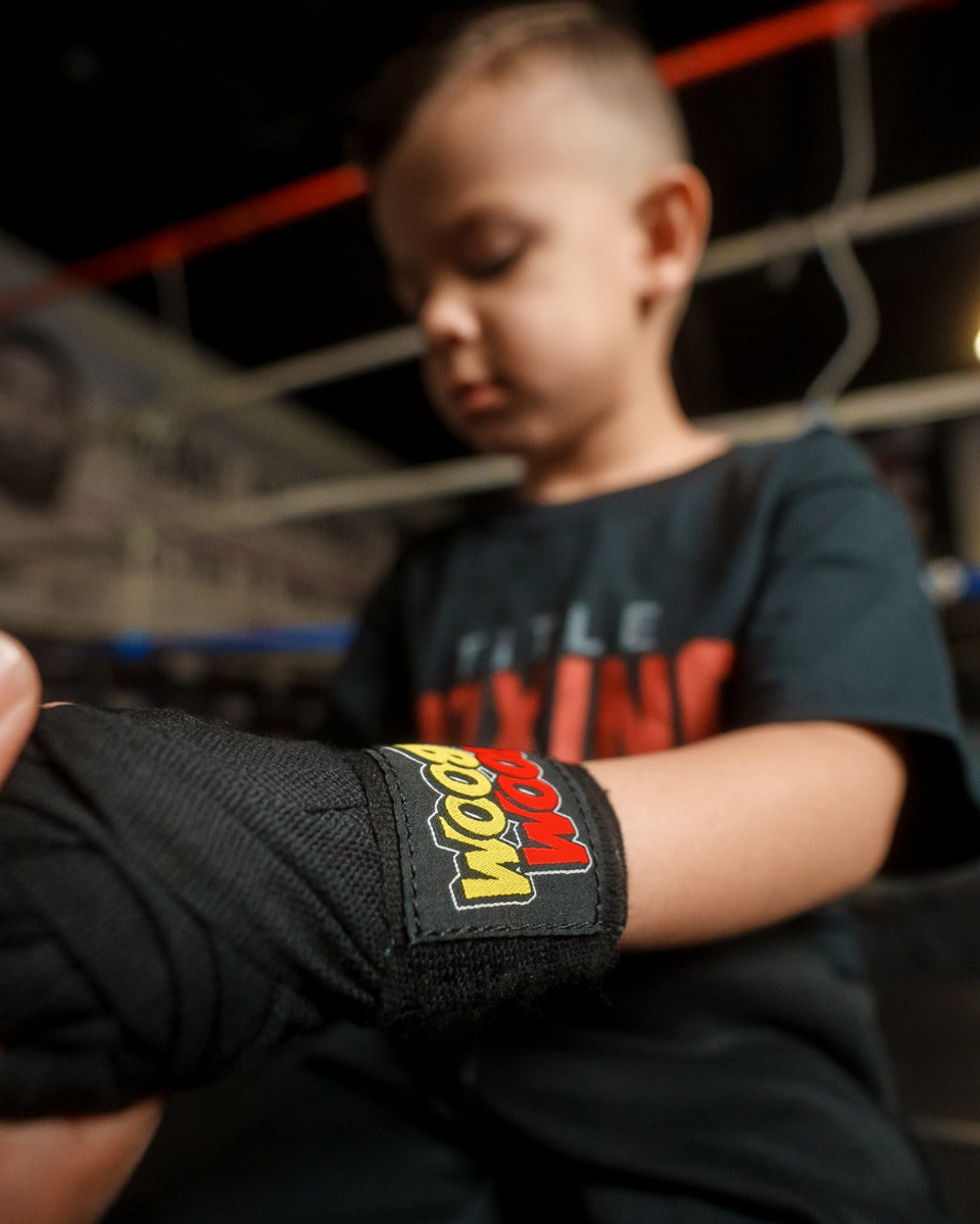 variant:black::BOOM BOOM Boxing Youth Flex Hand Wraps close up black handwrap