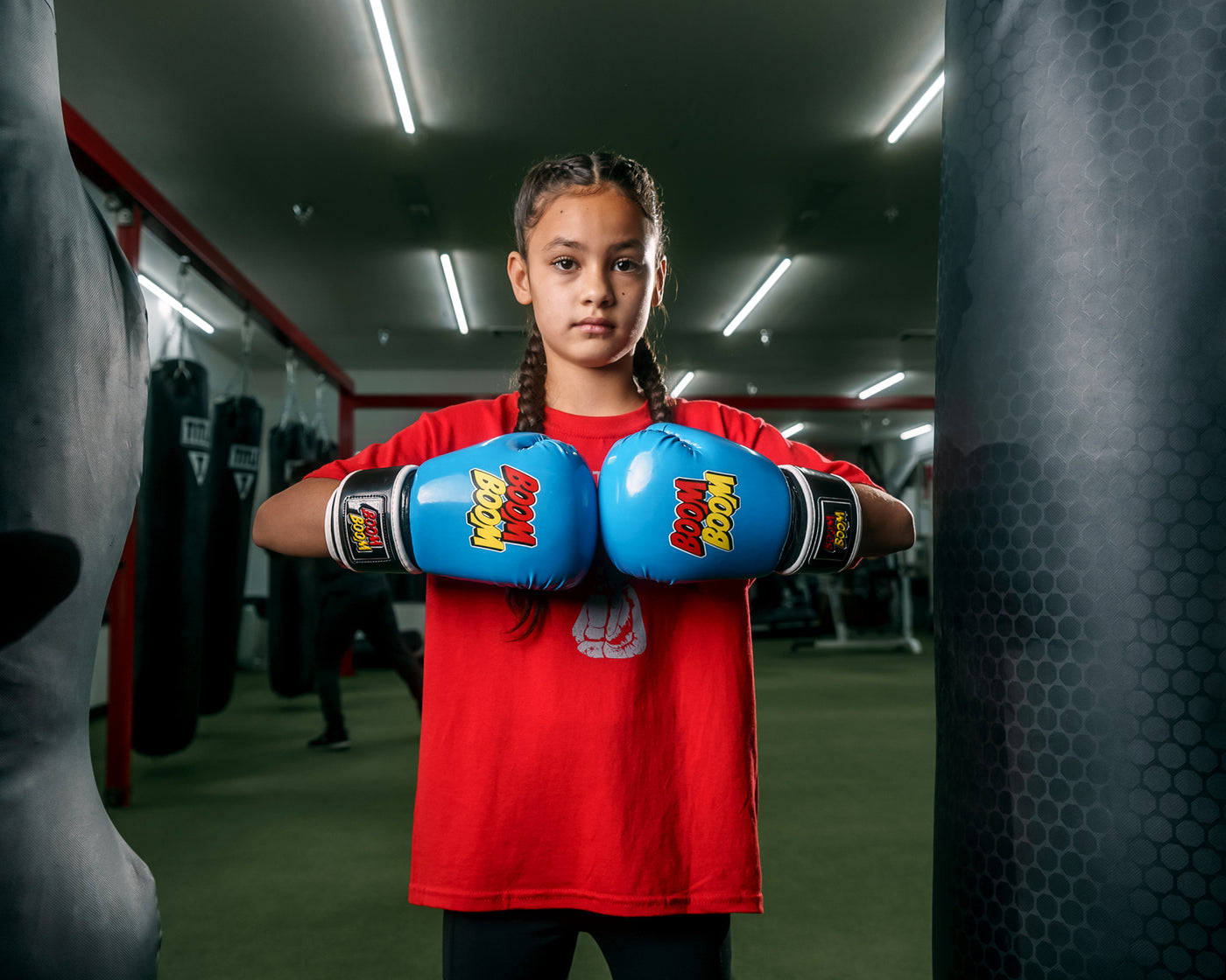 variant:Light Blue/Black::BOOM BOOM Boxing Striker Youth Boxing Gloves girl gloves together