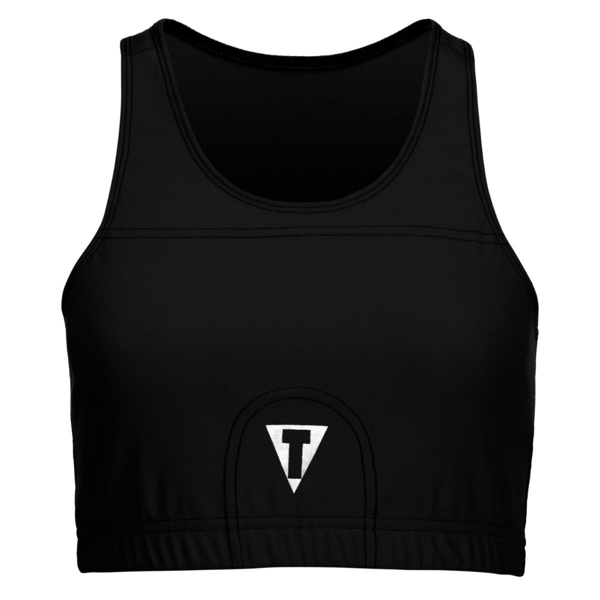 variant:black::TITLE Boxing Pro Compression Ascent Sports Bra back view T logo