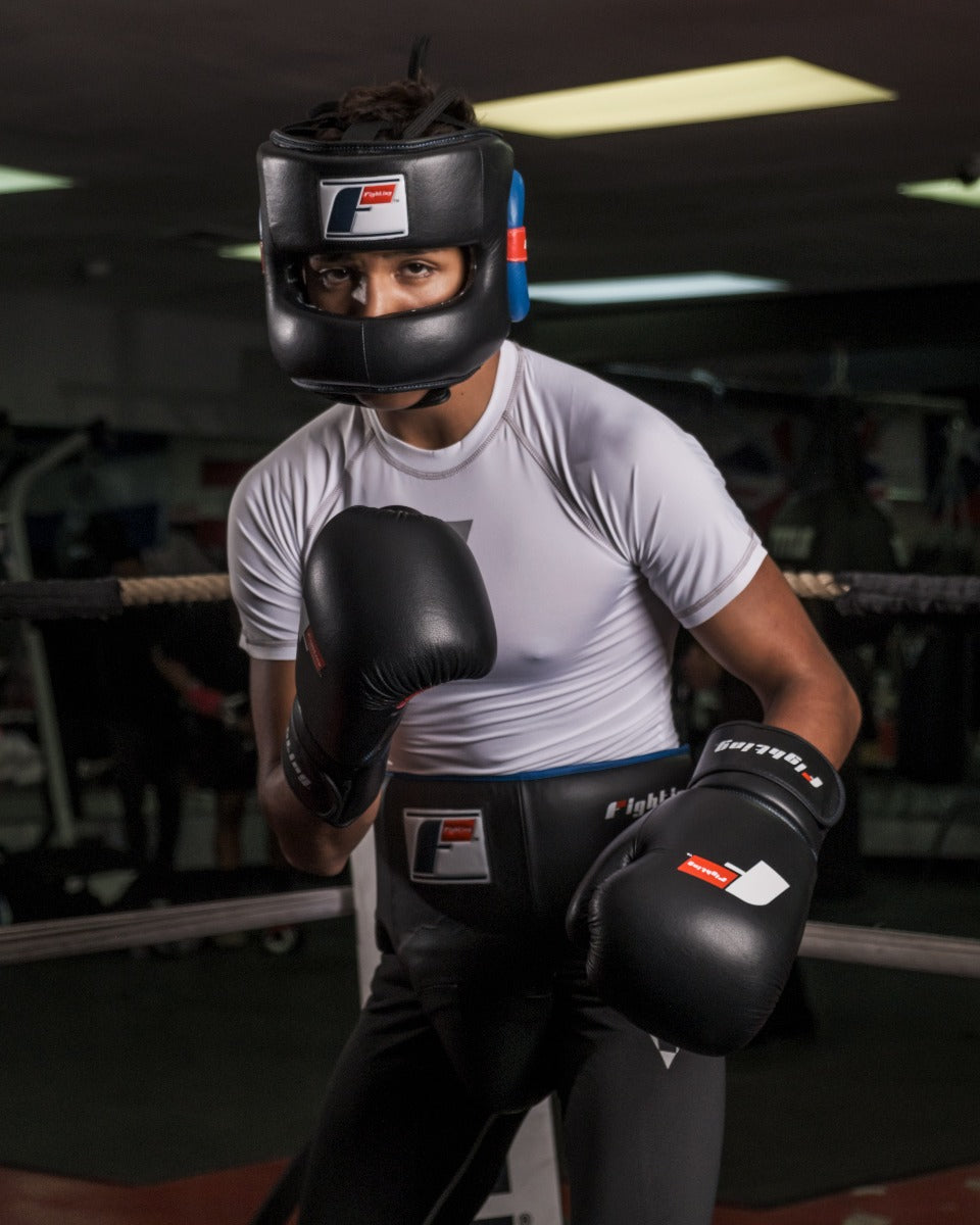 variant:black::Fighting Leather No Contact Headgear guy posing in head gear