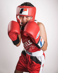 variant:Red::Fighting USA Boxing Competition Headgear with Cheeks girl posing in headgear