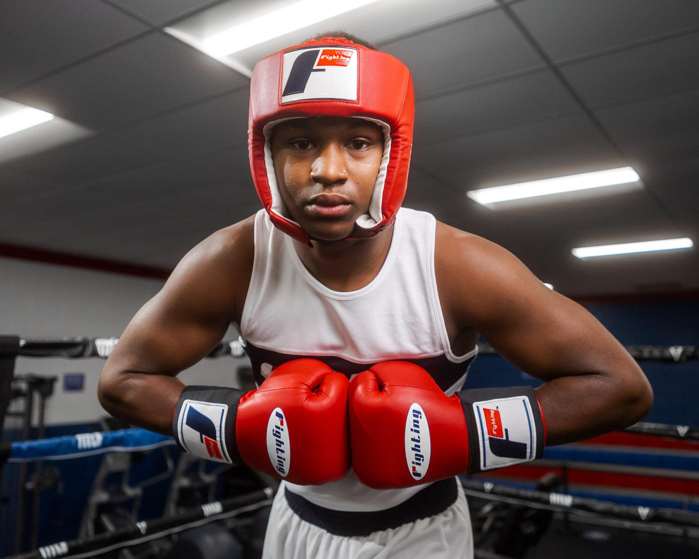 variant:red::Fighting USA Boxing Competition Open Face Headgear guy in ring