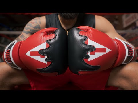 variant:white/red::TITLE Boxing Gel Lava Leather Series Sparring Gloves hands together 