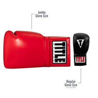 variant:red::TITLE Boxing Jumbo Boxing Gloves 2.0 image showing jumbo glove size versus regular glove size