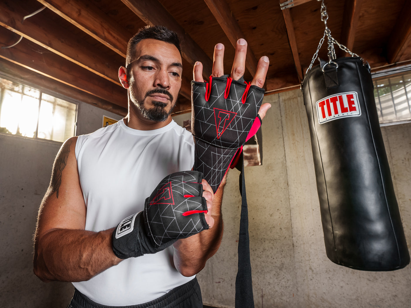 variant:black/red::TITLE Boxing Defender Sublimated Glove Wraps