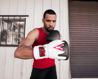 variant:white/red::TITLE Boxing Gel Lava Leather Series Sparring Gloves guy right hook