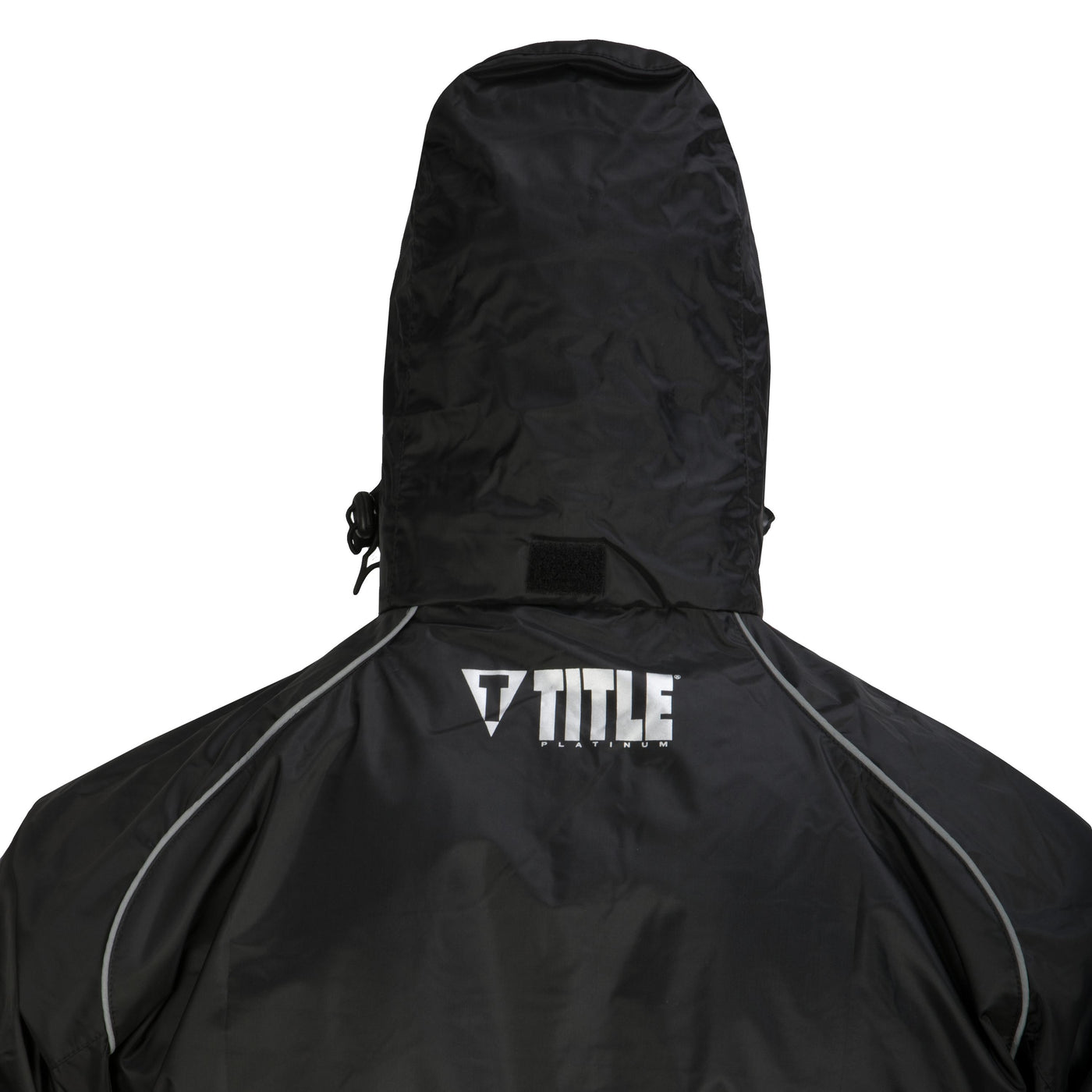 variant:lifestyle::TITLE Platinum Prevail Rubberized Sauna Suit main view hood up TITLE logo