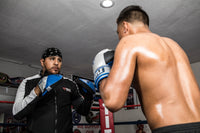 variant:lifestyle::TITLE Platinum Perilous Micro Palm Mitts two guys boxing training with mitts and gloves