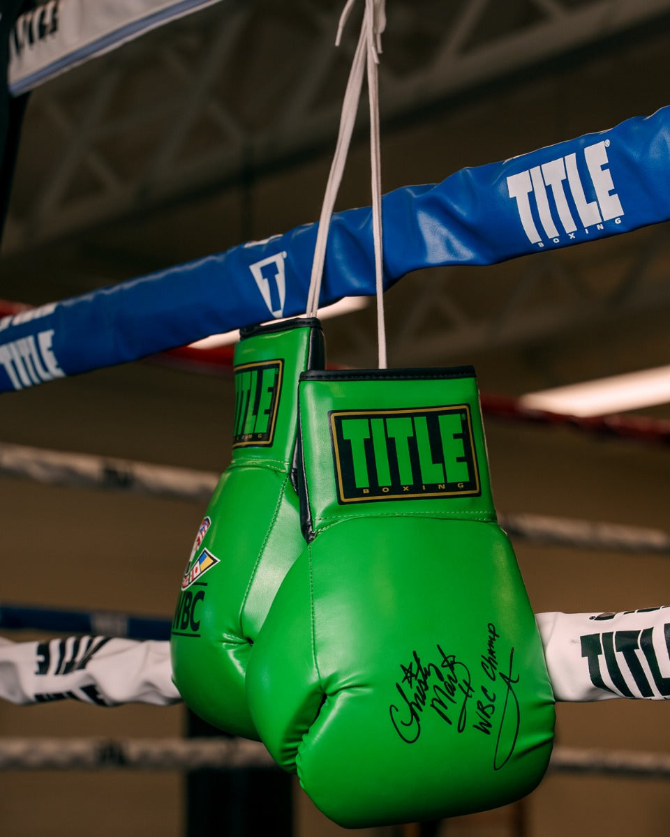 variant:lifestyle::WBC by TITLE Boxing Autograph Gloves 2.0 hanging on ring