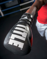 variant:Black/Silver::TITLE Boxing Leather Enforcer Pro Sparring Gloves close up