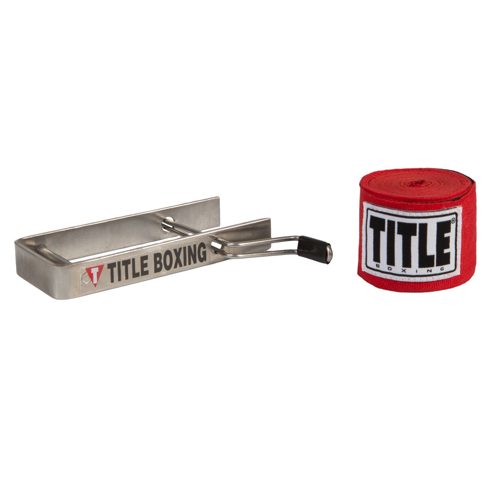 variant:lifestyle::TITLE Boxing Portable Zip Hand Wrap Roller with a rolled hand wrap next to it